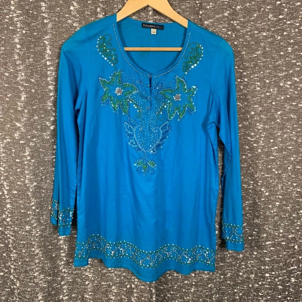 Haven Bleu Y2K Vintage Blue Beaded Embroidered Tunic Blouse Henley Top XS